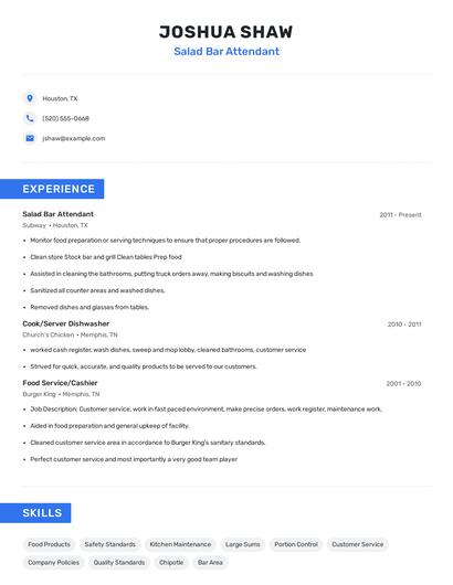 Salad Bar Attendant Resume