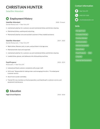 Salad Bar Attendant Resume