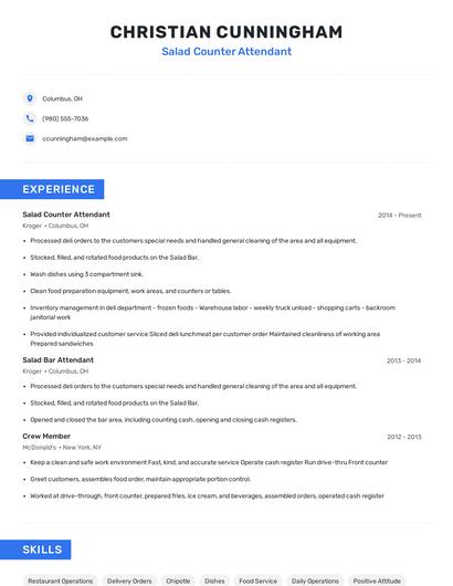 Salad Counter Attendant Resume
