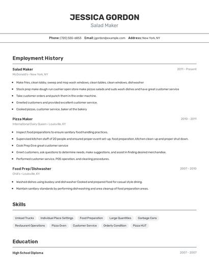 Salad Maker Resume