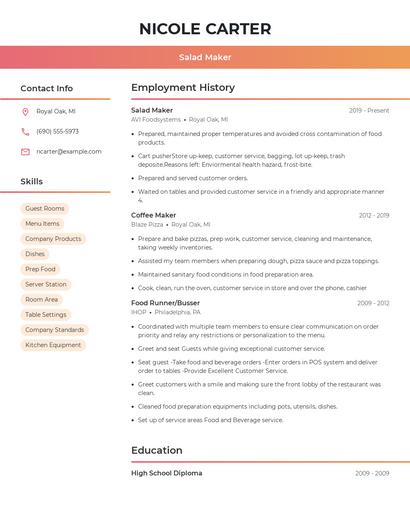 Salad Maker Resume
