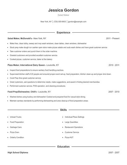 Salad Maker Resume
