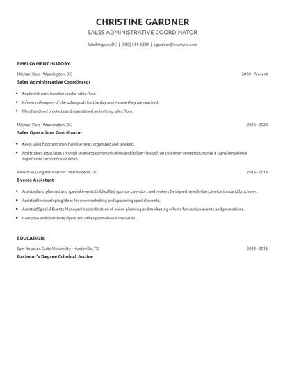 Sales Administrative Coordinator Resume