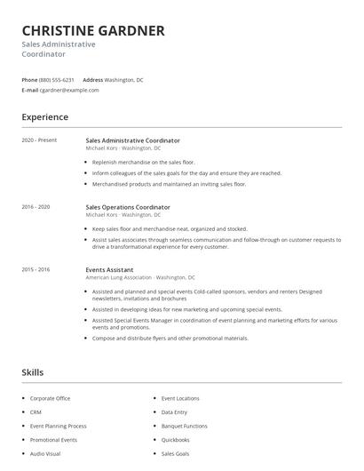 Sales Administrative Coordinator Resume