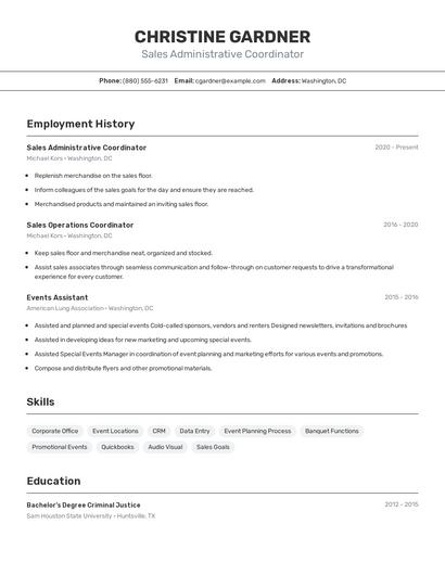 Sales Administrative Coordinator Resume