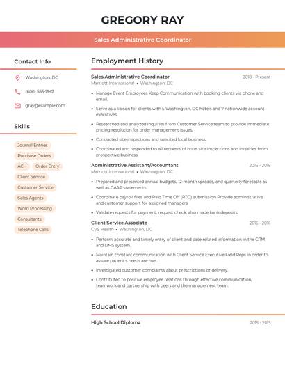 Sales Administrative Coordinator Resume