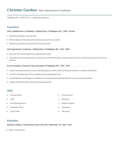 Sales Administrative Coordinator Resume