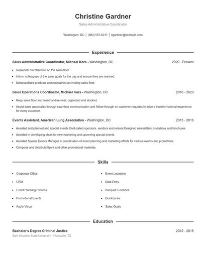 Sales Administrative Coordinator Resume