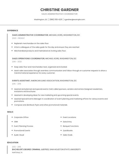 Sales Administrative Coordinator Resume