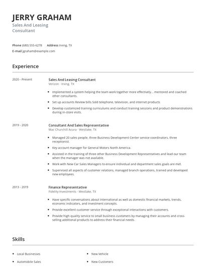Sales And Leasing Consultant Resume