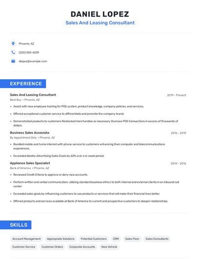 Sales And Leasing Consultant Resume