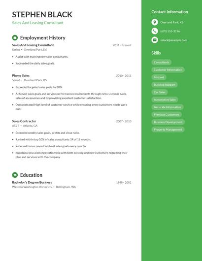 Sales And Leasing Consultant Resume