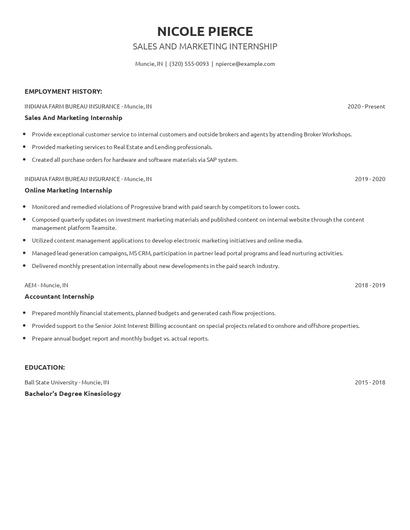 Sales And Marketing Internship Resume