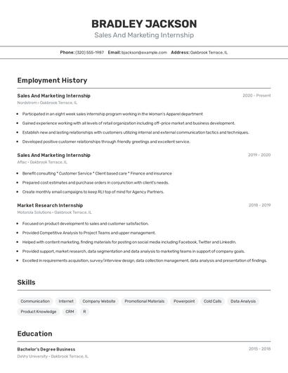 Sales And Marketing Internship Resume