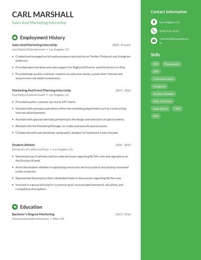 Sales And Marketing Internship Resume