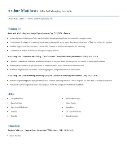 Sales And Marketing Internship Resume