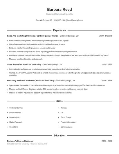Sales And Marketing Internship Resume
