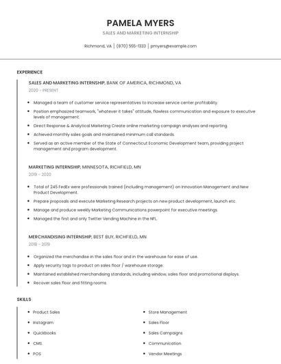 Sales And Marketing Internship Resume