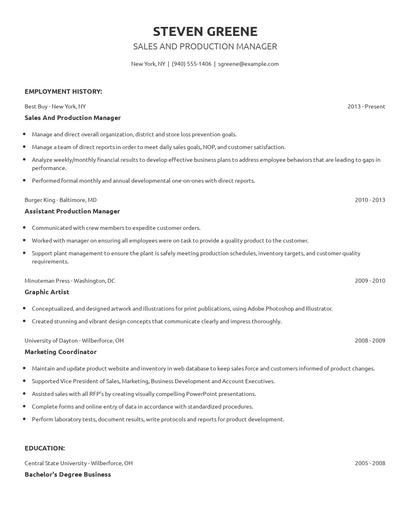Sales And Production Manager Resume
