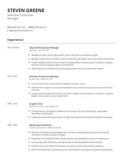 Sales And Production Manager Resume