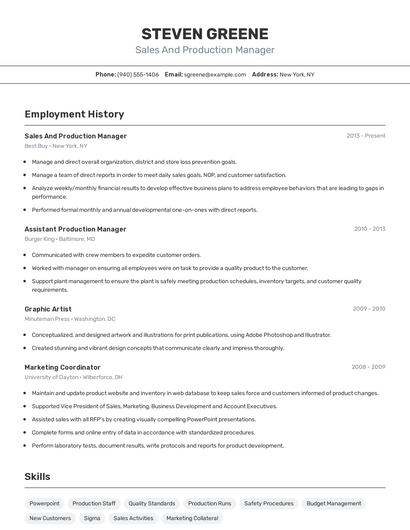 Sales And Production Manager Resume