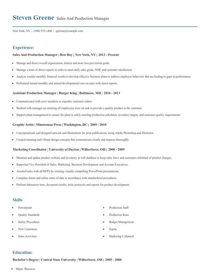 Sales And Production Manager Resume