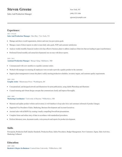 Sales And Production Manager Resume