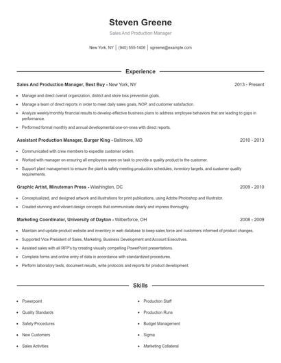 Sales And Production Manager Resume
