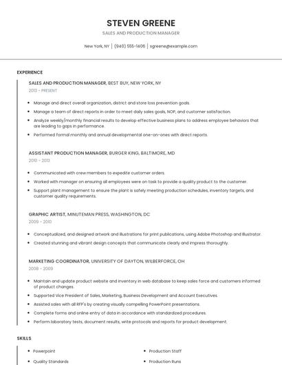 Sales And Production Manager Resume
