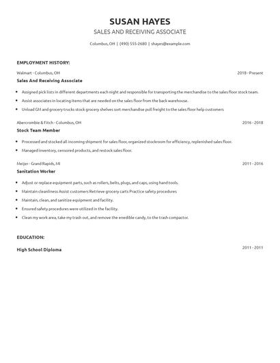 Sales And Receiving Associate Resume