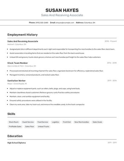 Sales And Receiving Associate Resume