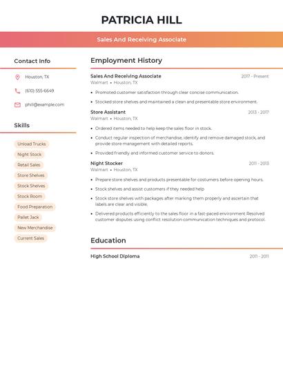 Sales And Receiving Associate Resume