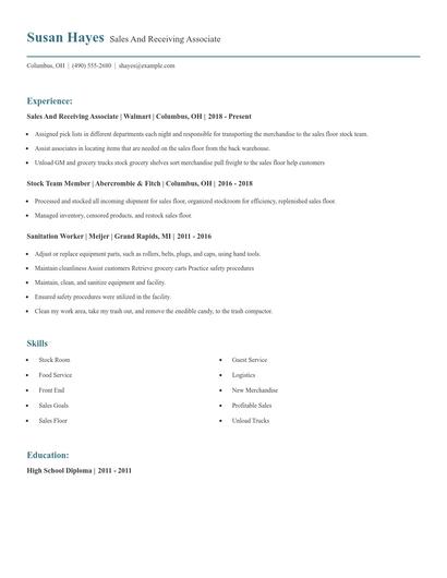 Sales And Receiving Associate Resume