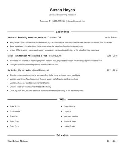 Sales And Receiving Associate Resume