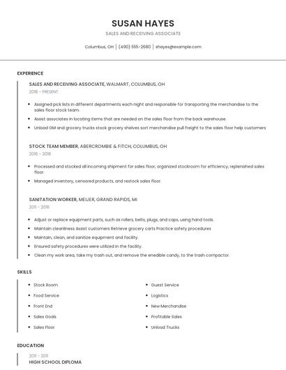 Sales And Receiving Associate Resume