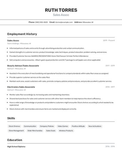 Sales Assoc Resume