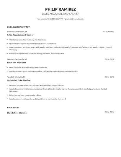 Sales Associate And Cashier Resume