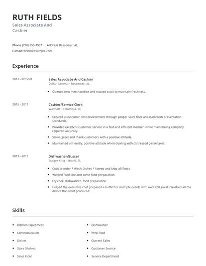 Sales Associate And Cashier Resume