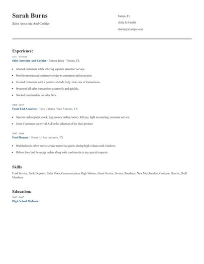 Sales Associate And Cashier Resume
