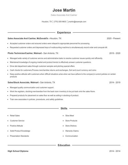 Sales Associate And Cashier Resume