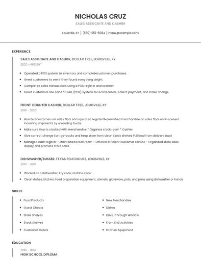 Sales Associate And Cashier Resume