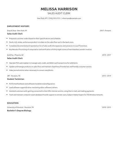 Sales Audit Clerk Resume