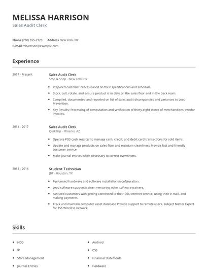 Sales Audit Clerk Resume