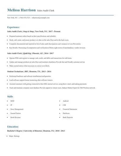 Sales Audit Clerk Resume