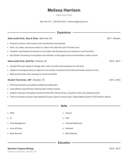 Sales Audit Clerk Resume
