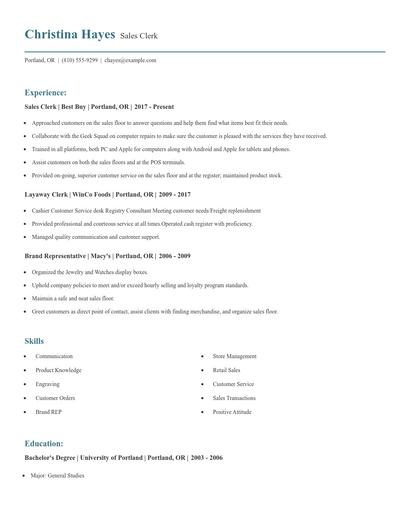 Sales Clerk Resume