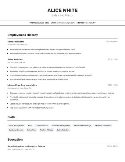Sales Facilitator Resume