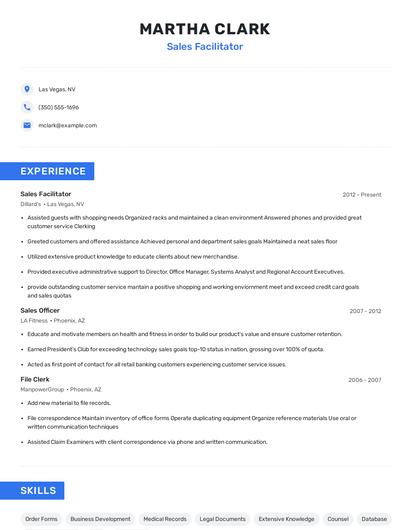 Sales Facilitator Resume