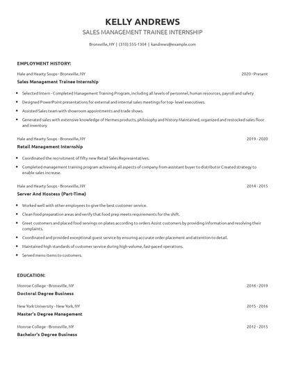 Sales Management Trainee Internship Resume