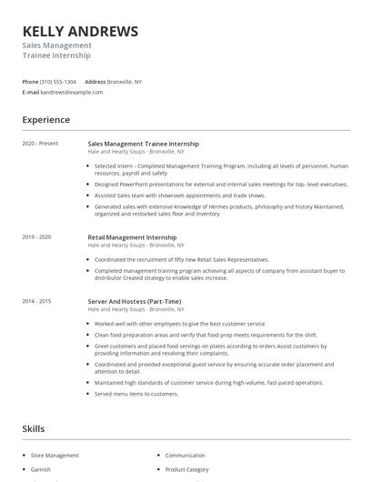 Sales Management Trainee Internship Resume